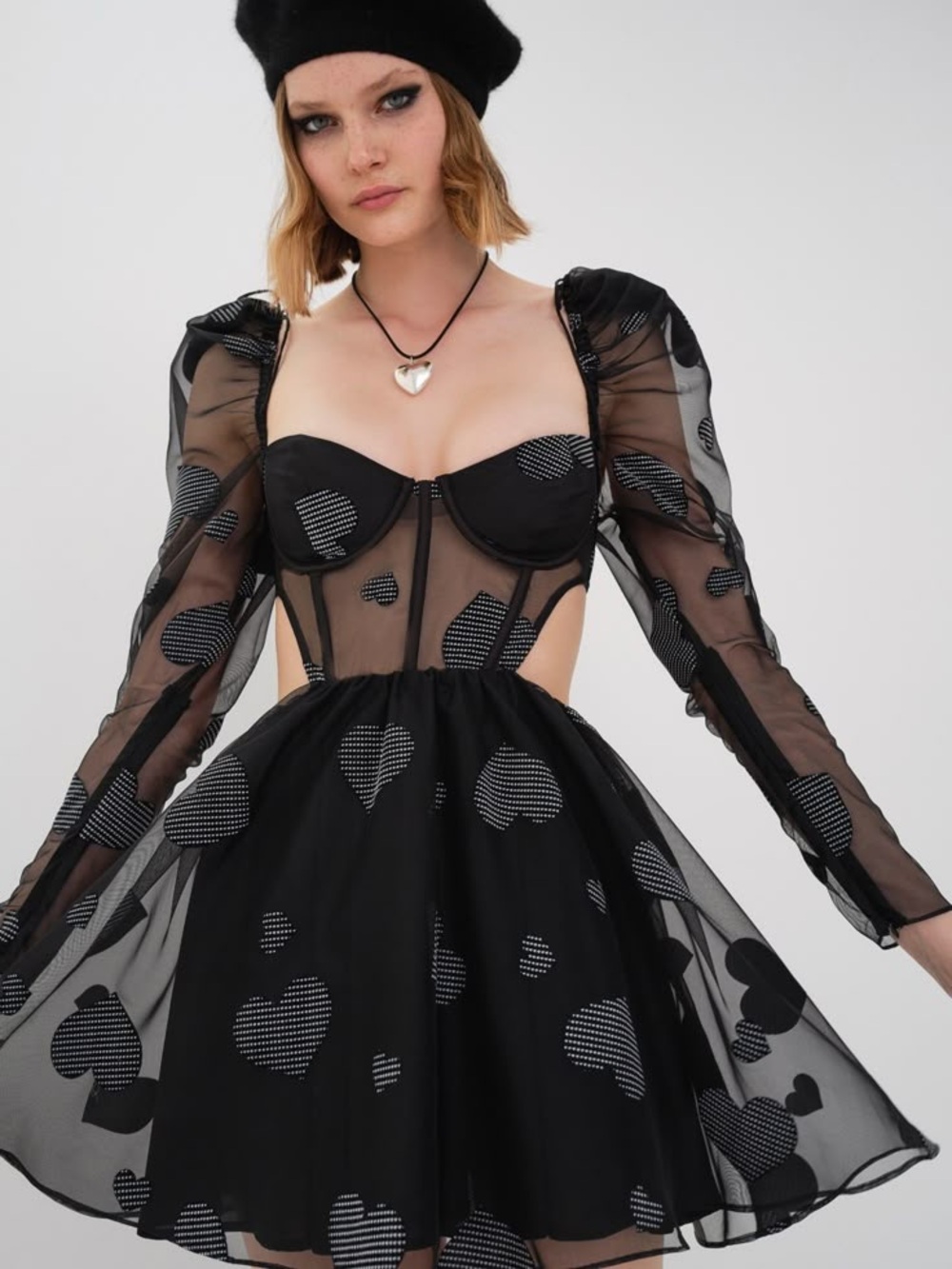 For Love & Lemons Black Heart-Print Sheer Mini Dress